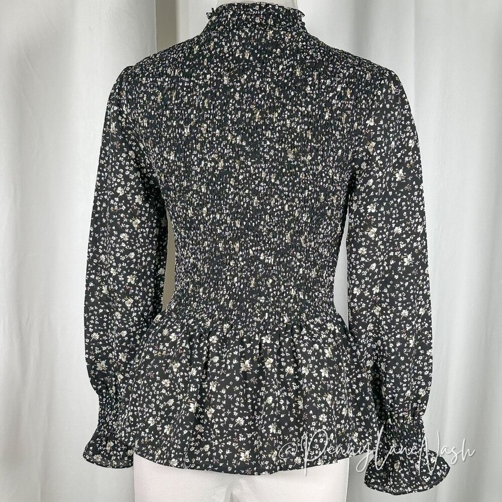 Flawless Floral Smocked Peplum Top Small S Black - Picture 9 of 10